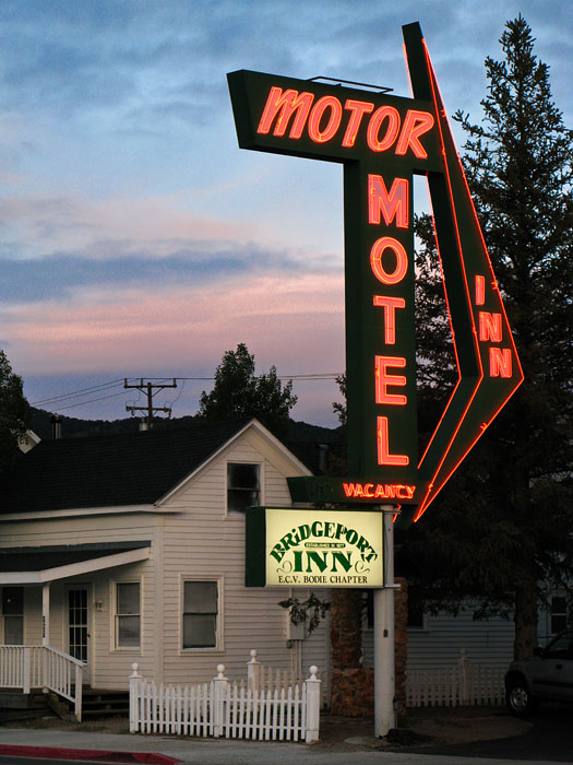 Motel Sign in Bridgeport CA at Dusk