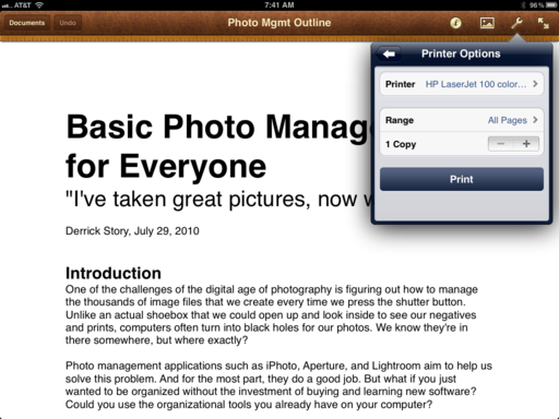 HP ePrint in Pages on an iPad